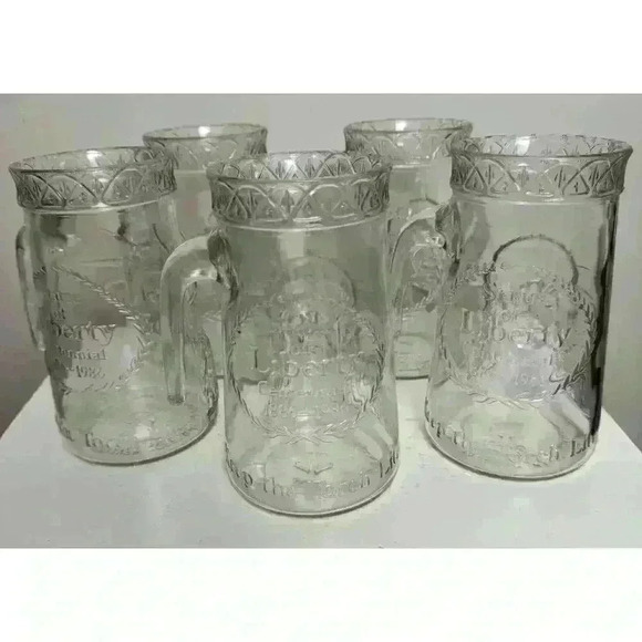 1985 Anchor Hocking Statue of Liberty Centennial Clear Glass Mug Stein Set of 5 - Picture 6 of 9